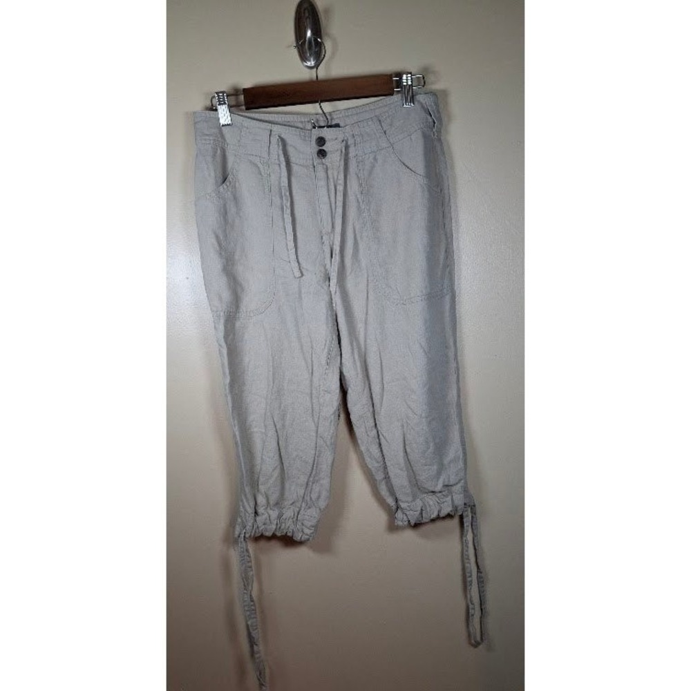 Cabelas Womens Oatmeal Linen Blend Cropped Drawstring Capri Pants Size 4